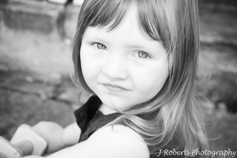 B&W attitude of a 3 year old girl - family portrait photography sydney